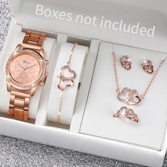 6PCS Women's Rhinestone Watch & Jewelry Set – Stainless Steel Quartz Elegance