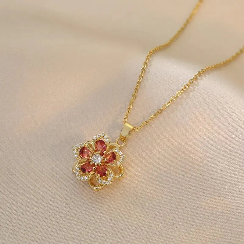 Spin Zircon Flower Pendant Necklace – Elegant Gold-Tone Statement Jewelry for Women