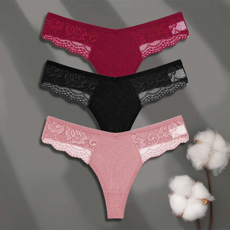 LaceLuxe – 3PCS Women's Cotton Lace Thong Set