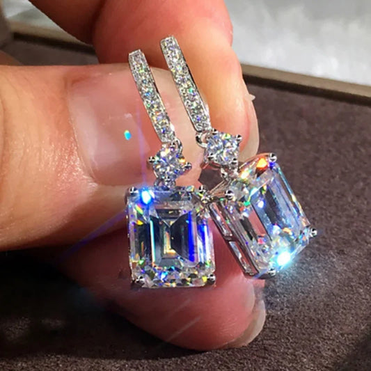 Elegant Cuboid Zircon Dangle Earrings – Sparkling Silver-Plated Statement Jewelry