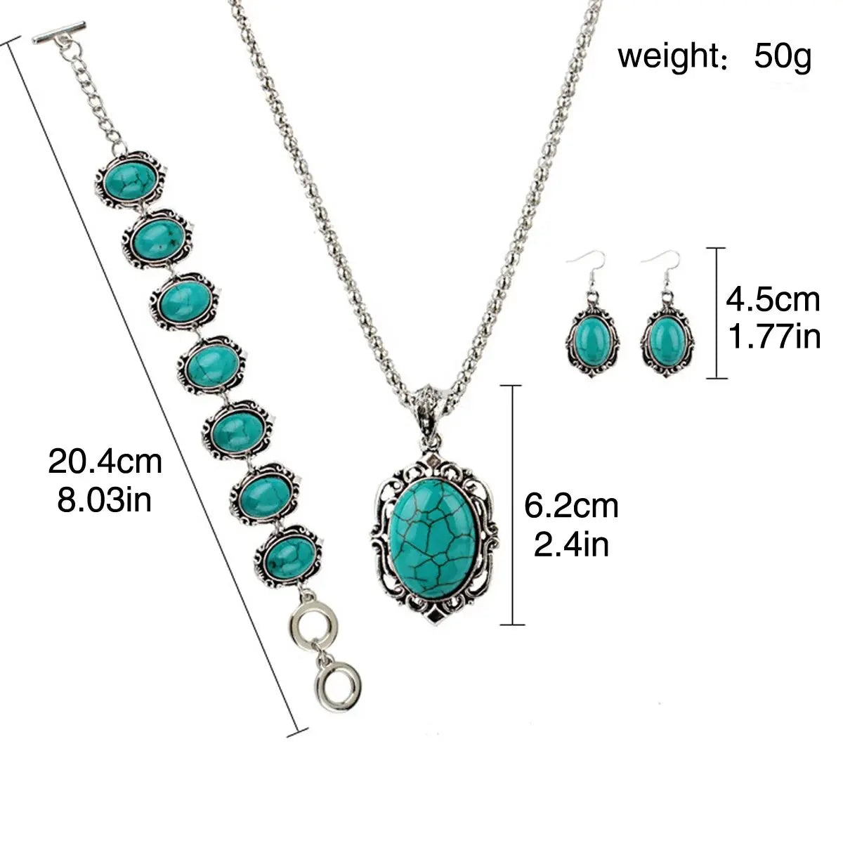 3-Piece Women’s Vintage Turquoise Jewelry Set – Bracelet, Necklace & Earrings