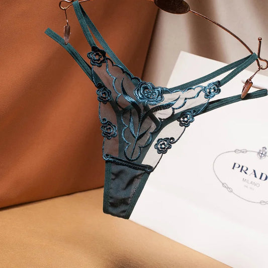 Embroidered Mesh Thong – Seamless Transparent Panties for Women (Plus Size Available)