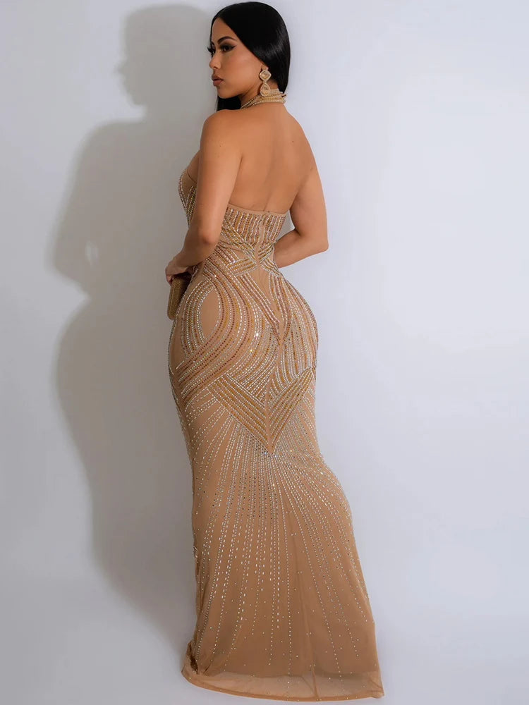 GlamMesh – Rhinestone Backless Maxi Dress for Show-Stopping Evenings