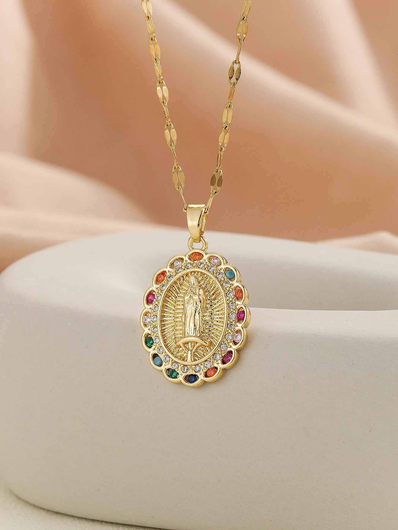 Santa Maria Micro-Inlaid Zircon Necklace – Colorful Religious Fashion Jewelry