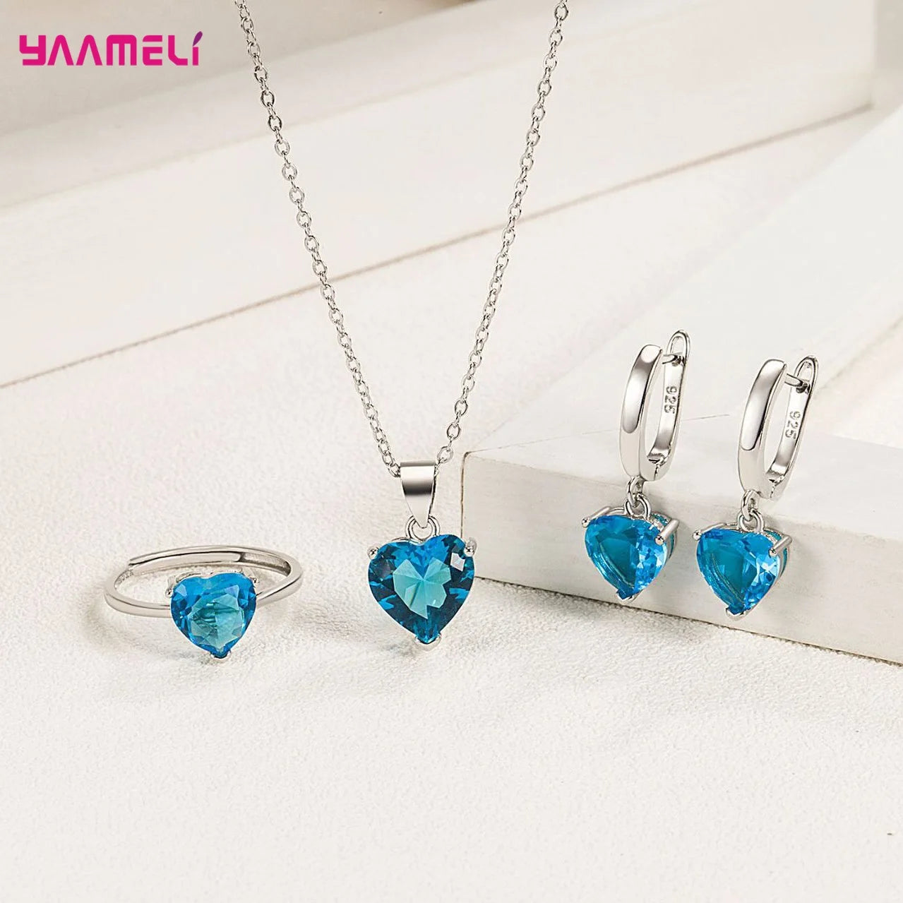 Sterling Silver 925 Heart Jewelry Gift Set – Necklace, Earrings & Ring with Zircon