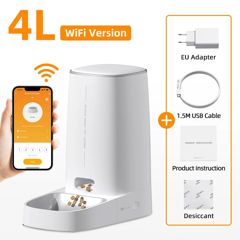 ROJECO Smart WiFi Automatic Pet Feeder – App-Controlled Food Dispenser for Cats & Dogs