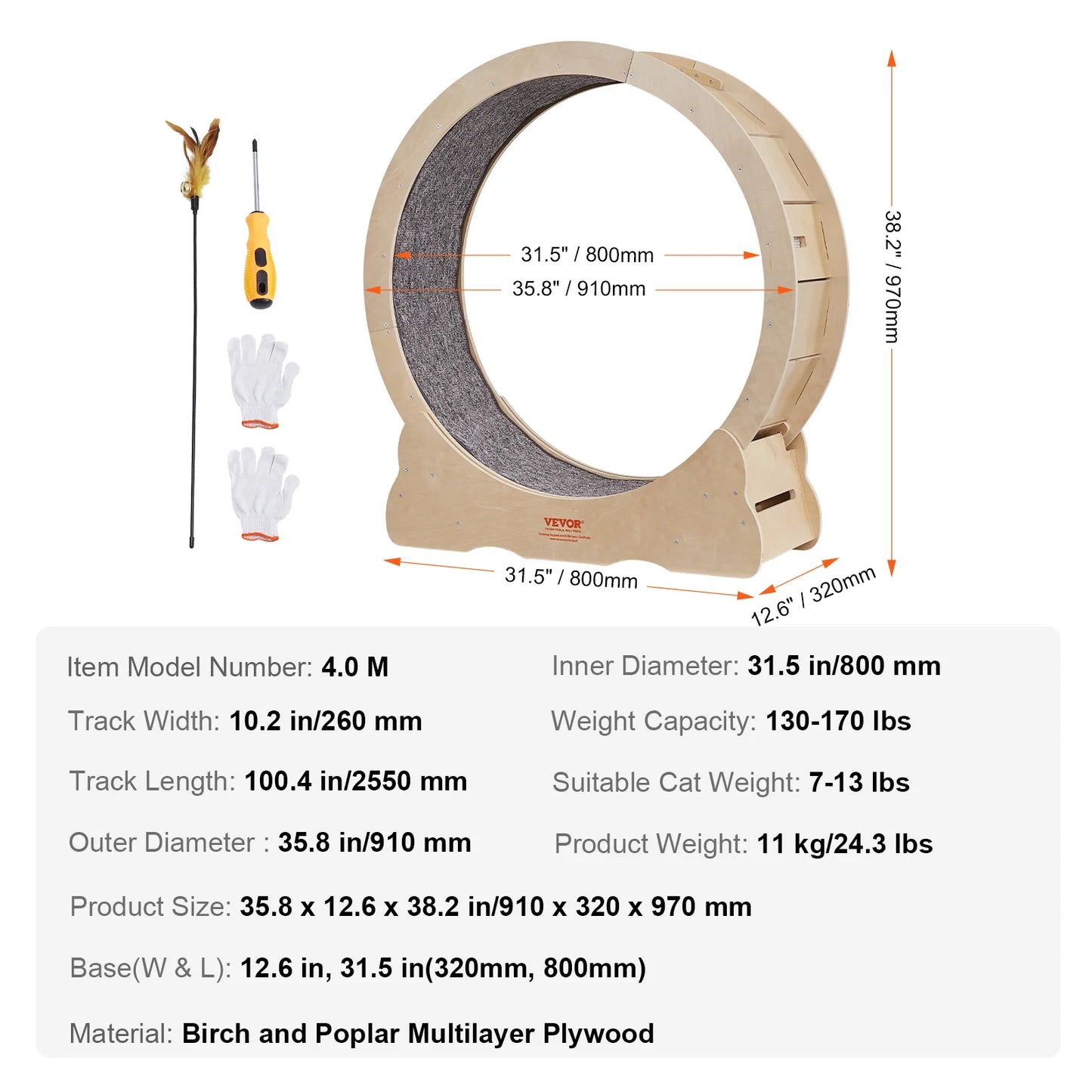 VEVOR Cat Exercise Wheel – Natural Wood Silent Treadmill with Removable Carpet