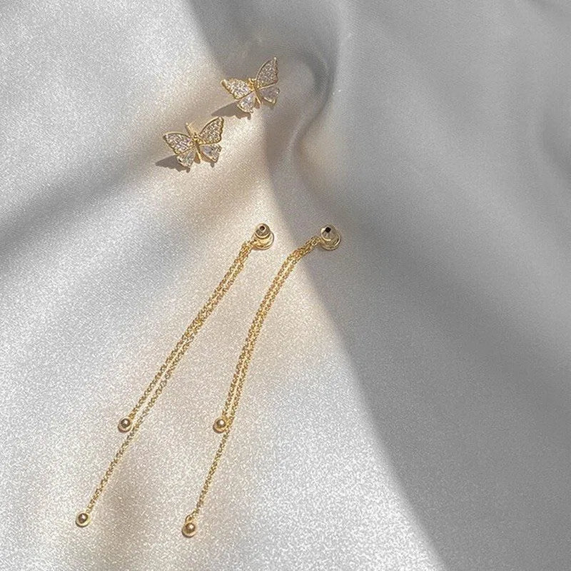 Butterfly Rhinestone Tassel Earrings – 2-Way Drop Earrings for Women & Girls