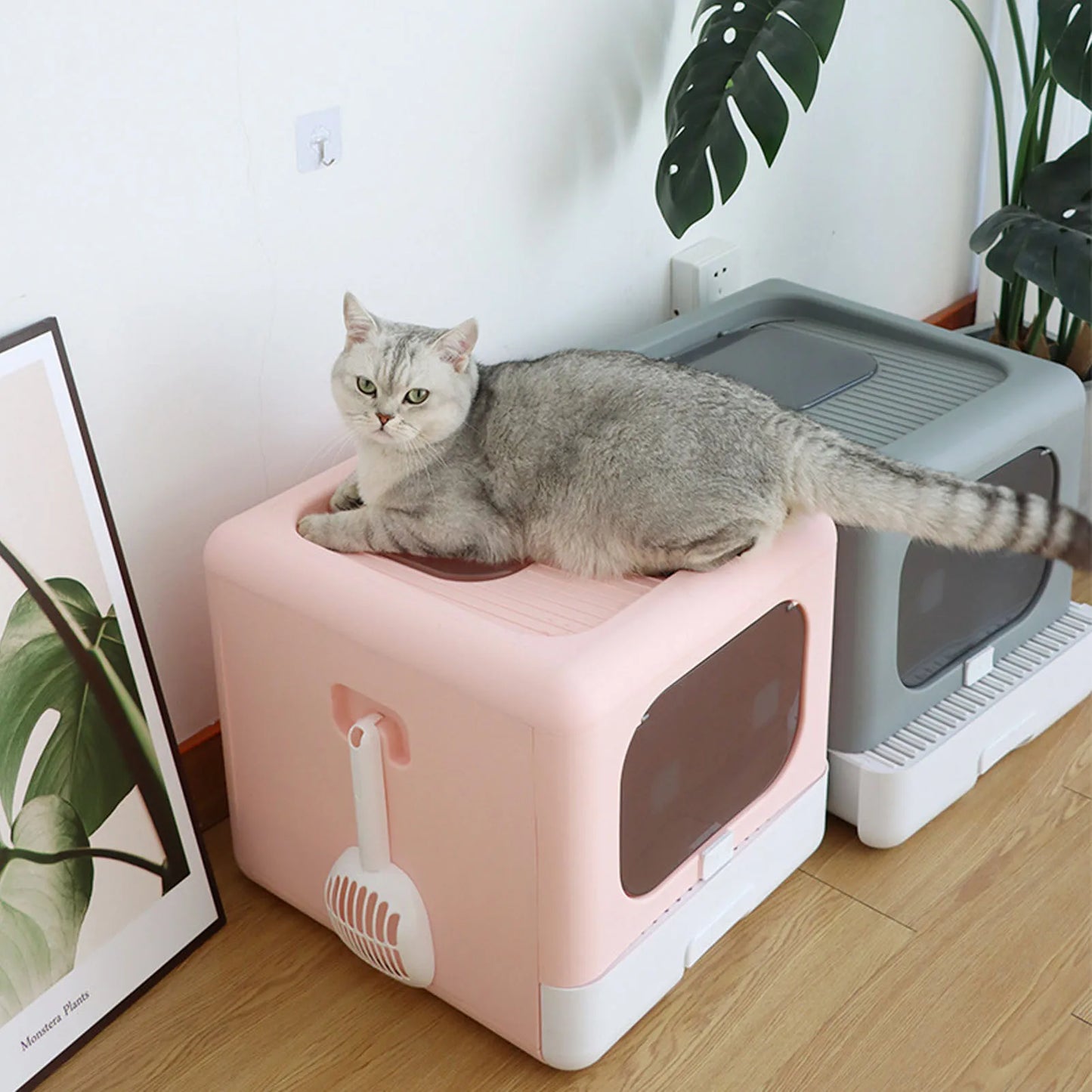 Enclosed Foldable Cat Litter Box – Large, Spill-Proof Plastic Cat Toilet