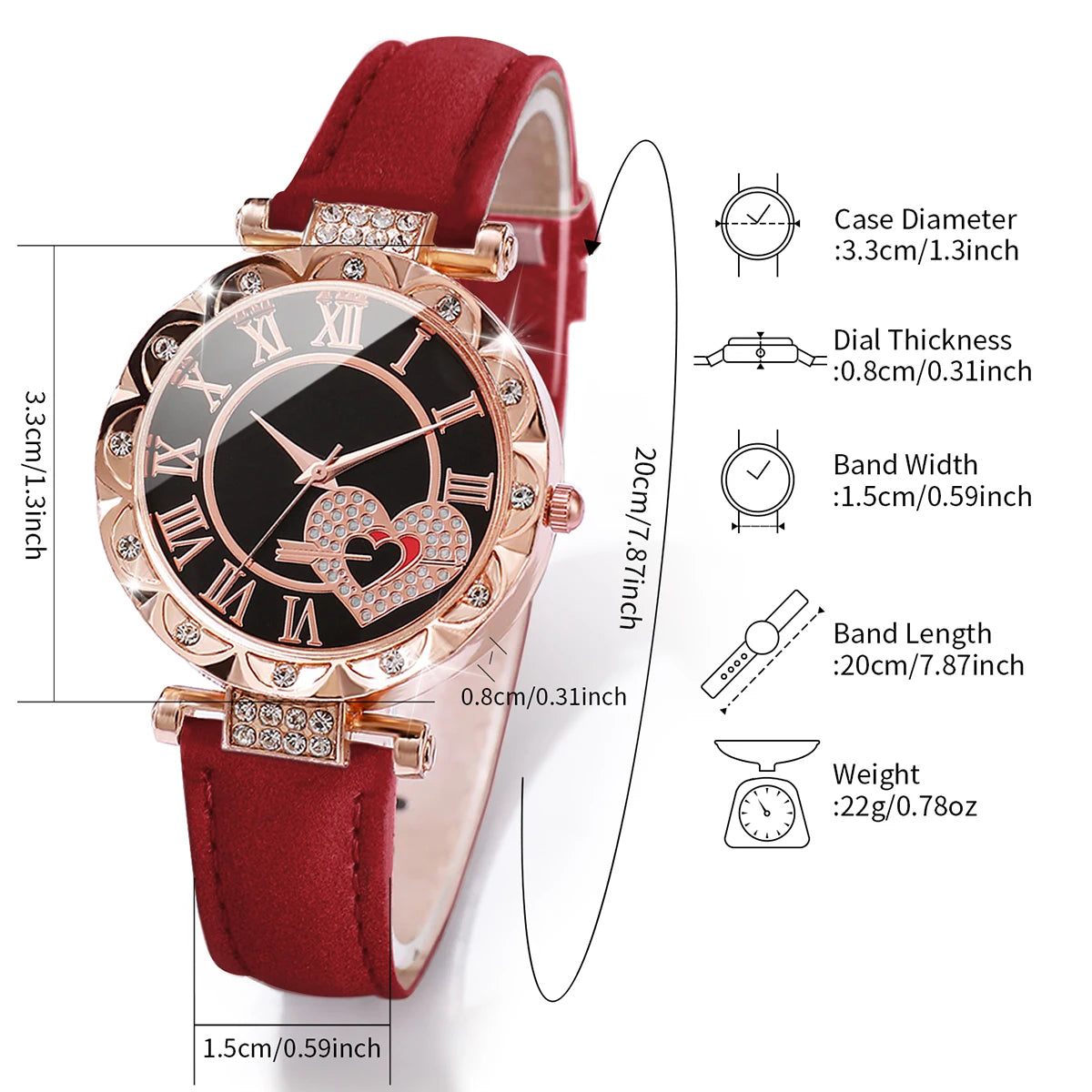 6-Piece Women’s Fashion Watch & Bracelet Set – Heart Dial Leather Band Quartz