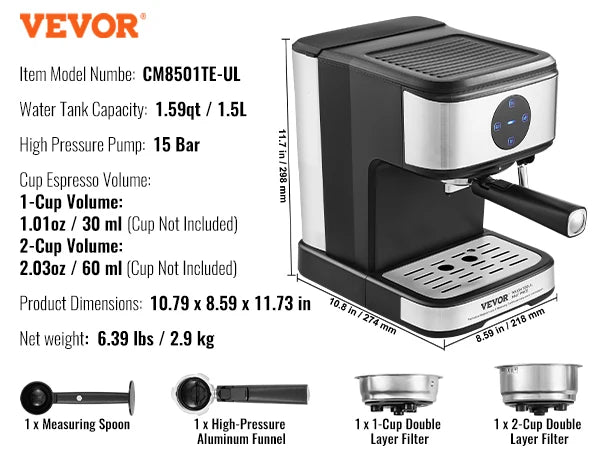 VEVOR 15-Bar Espresso Machine – Semi-Automatic Coffee Maker with Milk Frother