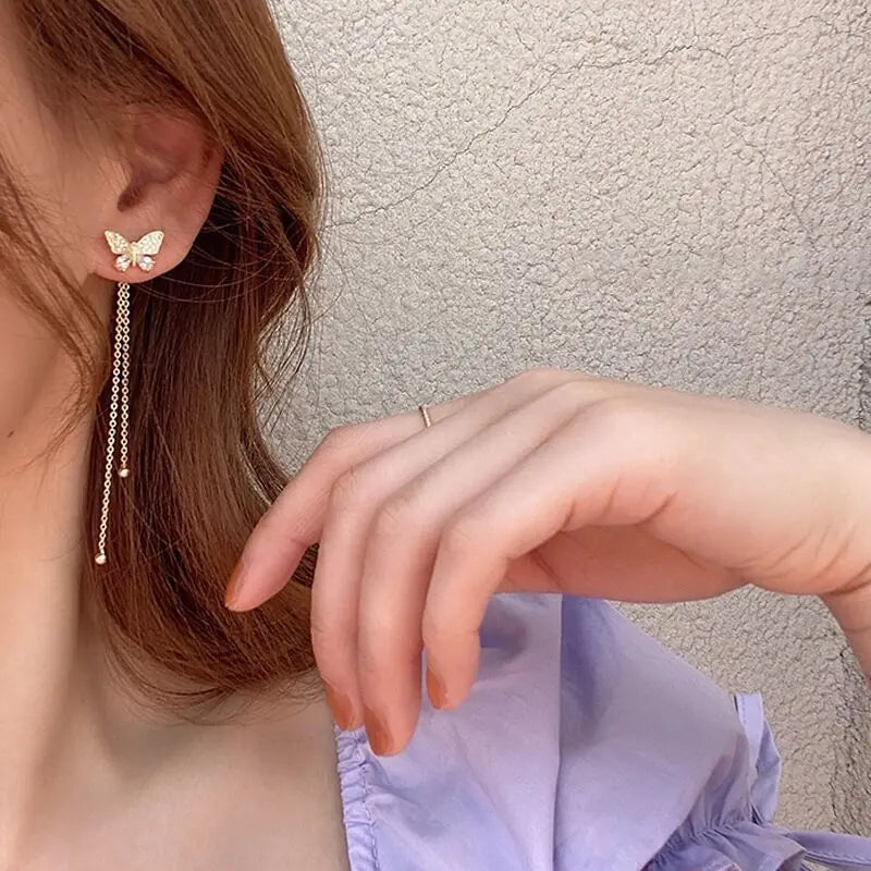 Butterfly Rhinestone Tassel Earrings – 2-Way Drop Earrings for Women & Girls