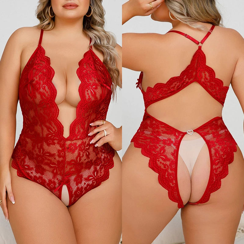 CurvyDesire – Plus Size Crotchless Lace Teddy