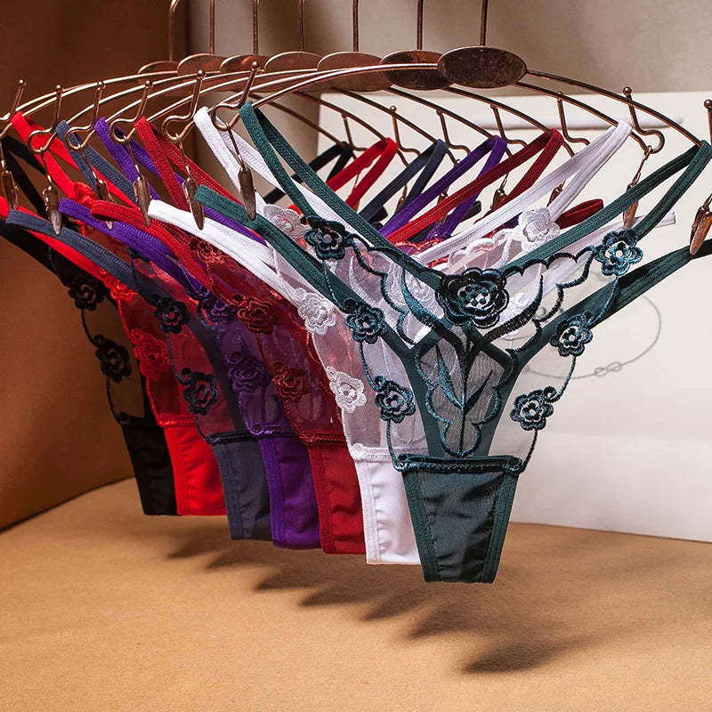 Embroidered Mesh Thong – Seamless Transparent Panties for Women (Plus Size Available)