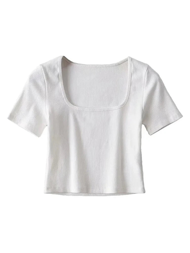 Women’s Square Neck Ribbed Crop T-Shirt – Short Sleeve