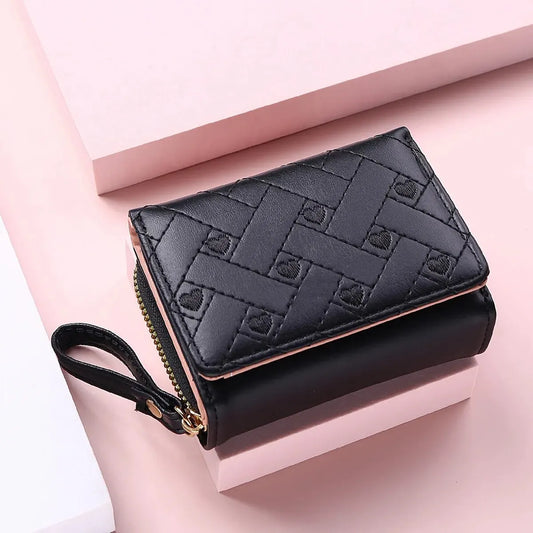 Women’s Short Embroidered Love Wallet – Large Capacity Card & Coin Zipper Bag
