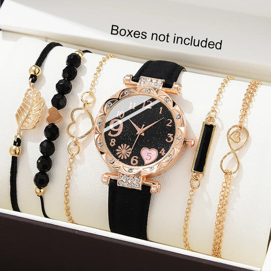 6PCS Women’s Luxury Leather Analog Quartz Watch & Bracelet Set