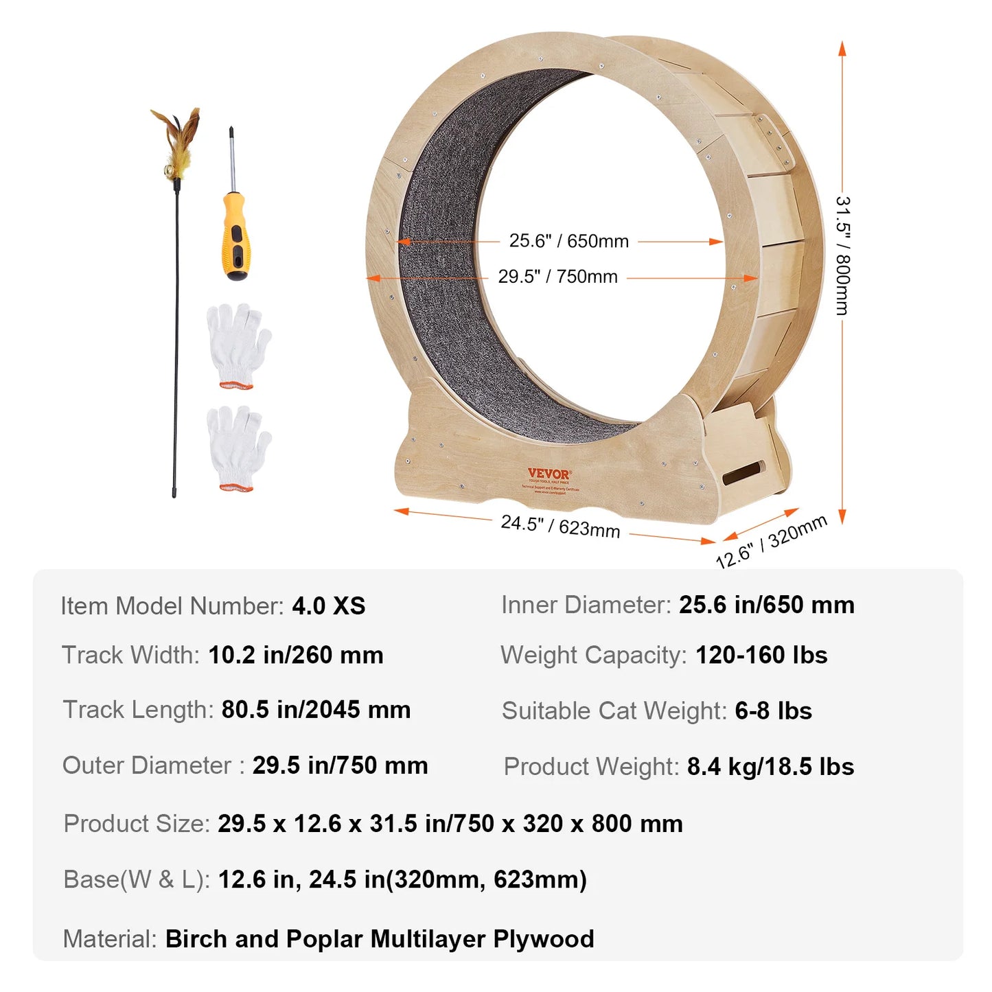 VEVOR Cat Exercise Wheel – Natural Wood Silent Treadmill with Removable Carpet