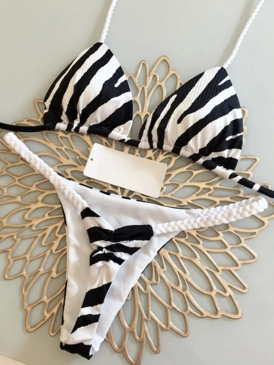 ZebraGlow – High Waist Brazilian Thong Bikini Set