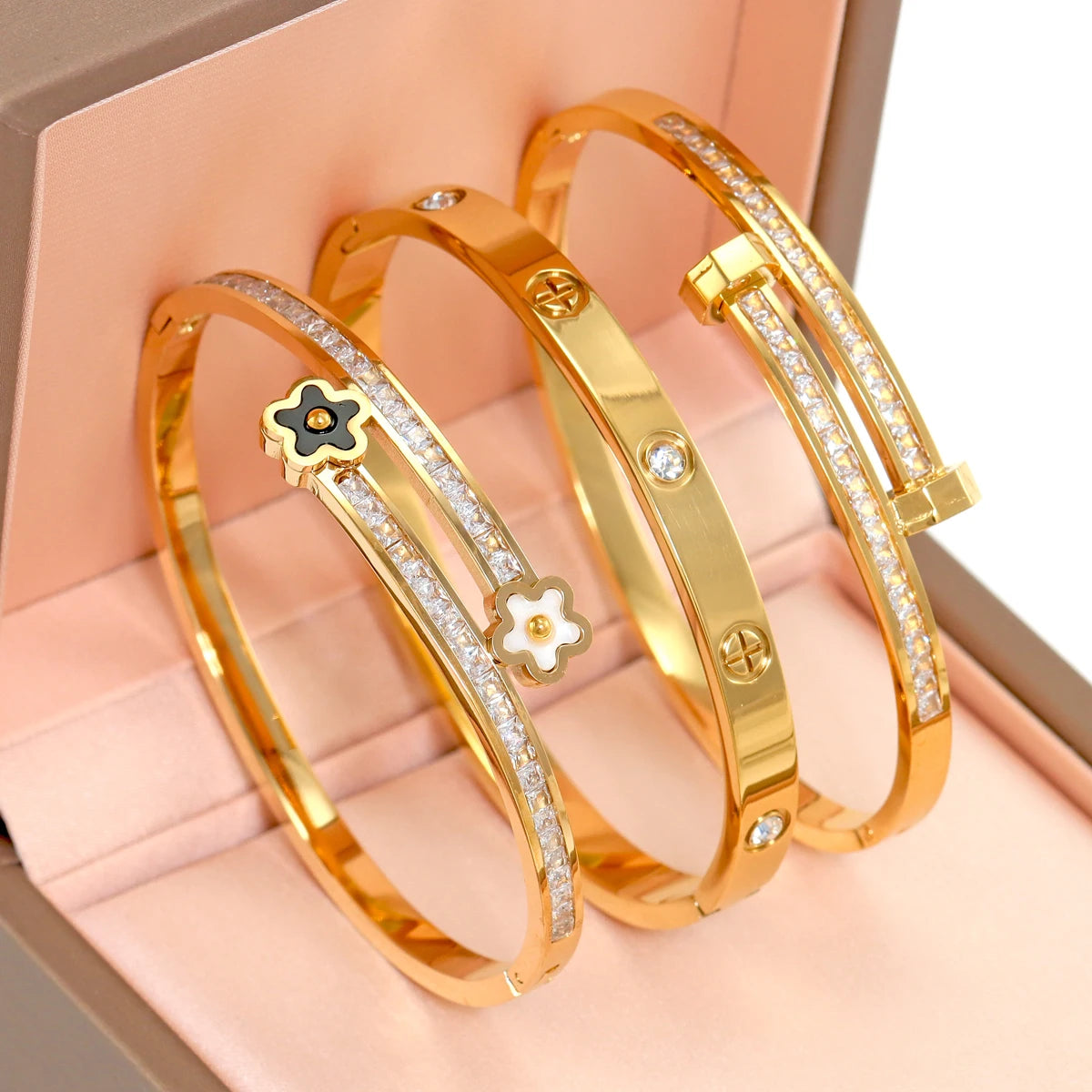 3-Piece Stainless Steel Clover & Cross Bracelets Set – Women’s Fashion Jewelry