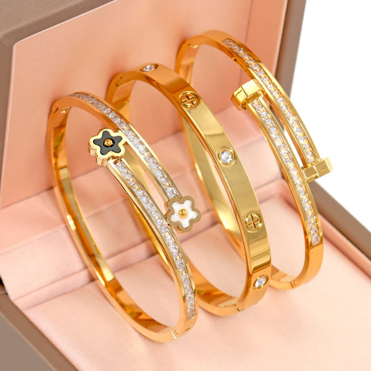 3-Piece Stainless Steel Clover & Cross Bracelets Set – Women’s Fashion Jewelry