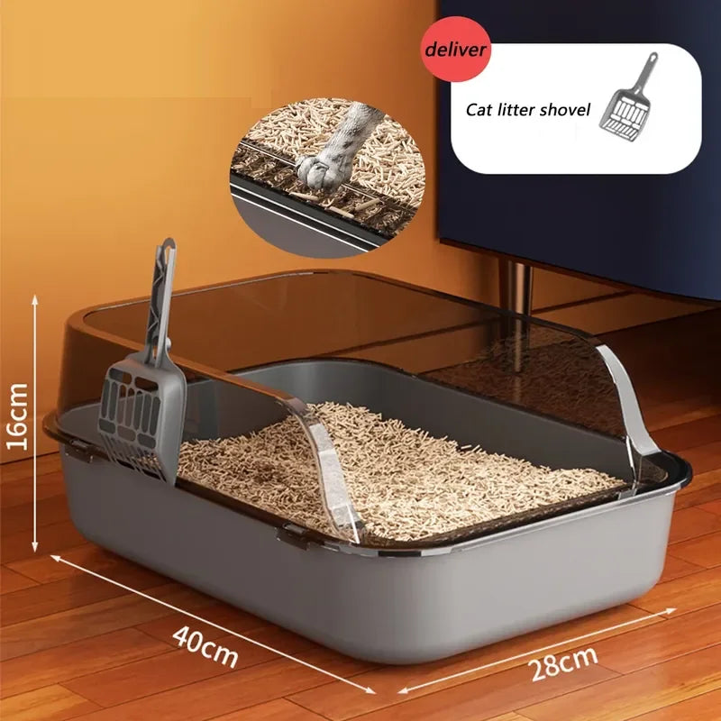 Semi-Enclosed High-Sided Cat Litter Box – Splashproof Kitty Toilet with Scoop