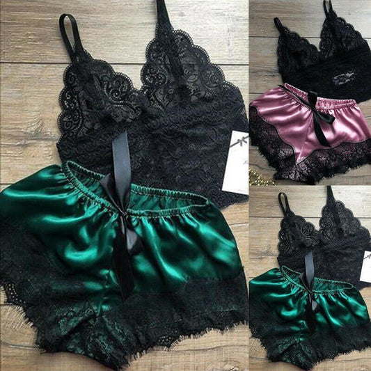 2-Piece Lace Lingerie Sleepwear Set – Cami Top & Shorts Pajamas