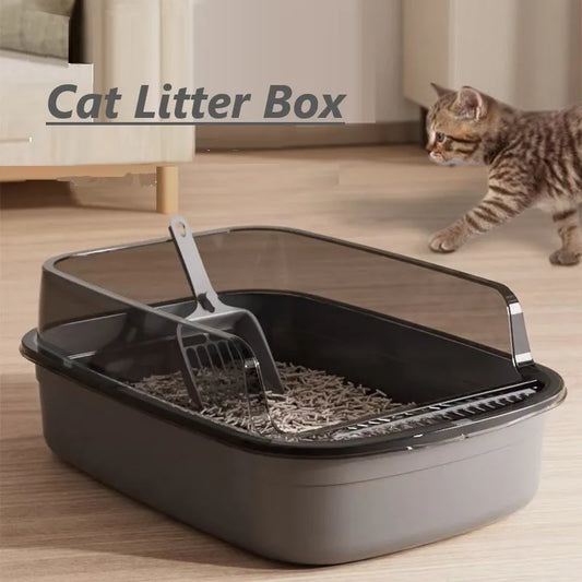 Semi-Enclosed High-Sided Cat Litter Box – Splashproof Kitty Toilet with Scoop