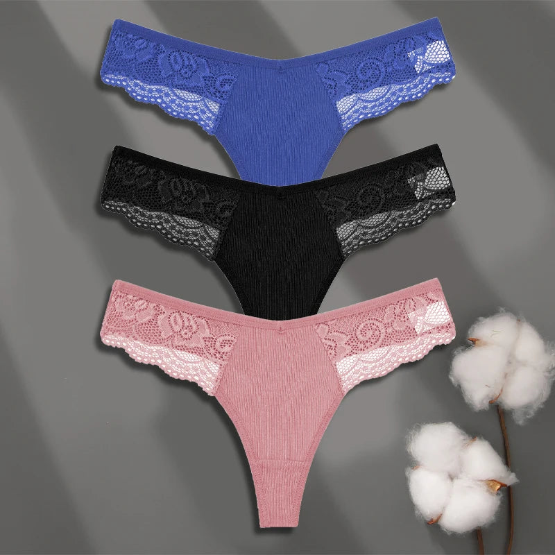 LaceLuxe – 3PCS Women's Cotton Lace Thong Set