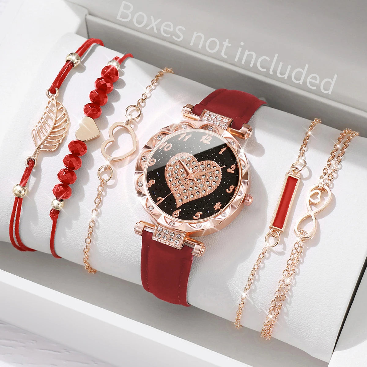 6-Piece Women’s Fashion Watch & Bracelet Set – Heart Dial Leather Band Quartz