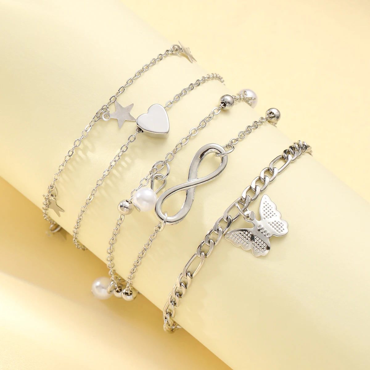 Boho Summer Anklet Set – Silver Charm Chain with Pearls, Butterflies & Stars
