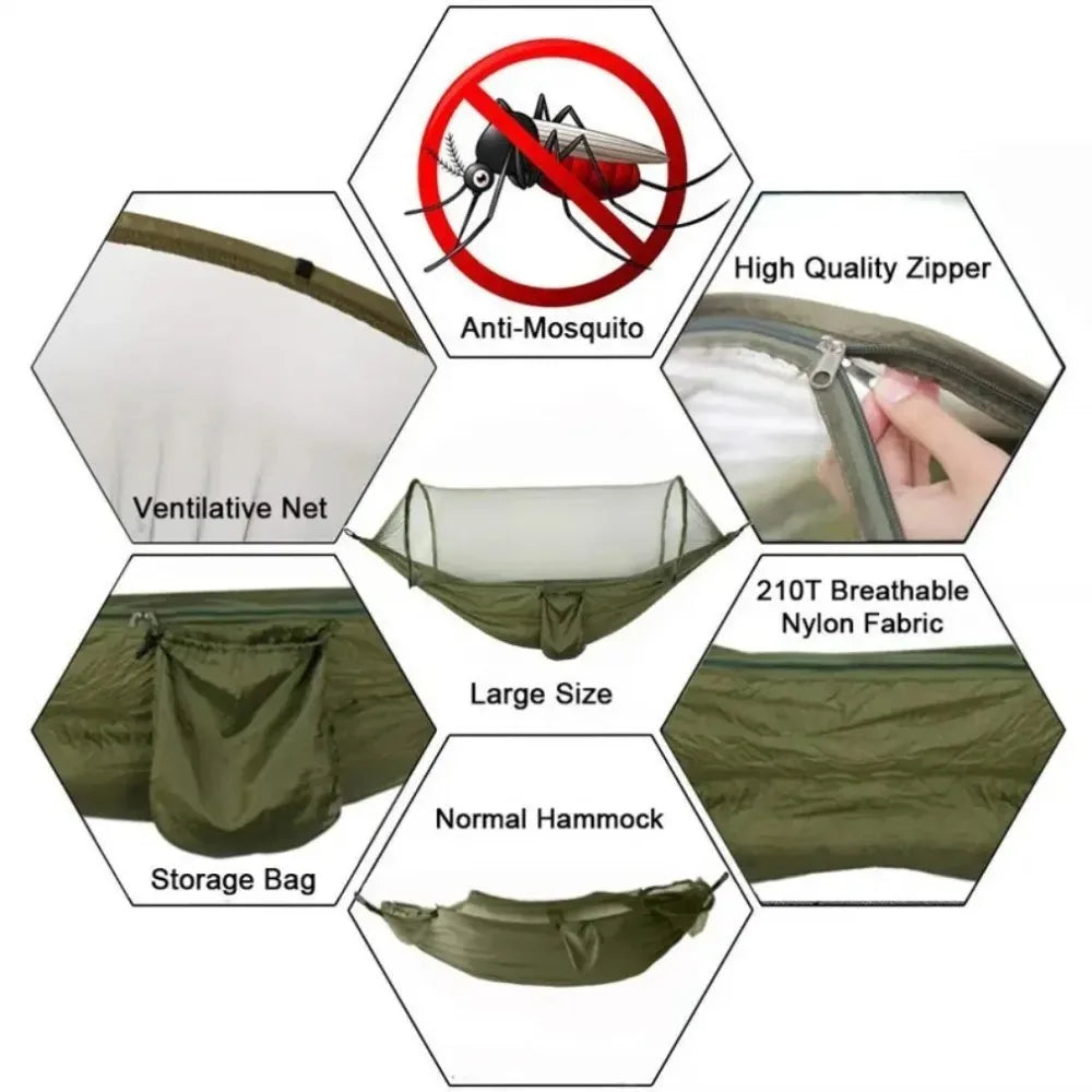 Outdoor Camping Hammock with Mosquito Net – Lightweight Parachute Fabric, 250×120cm