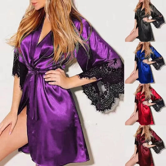 Lace Satin Robe & G-String Set – French Half-Sleeve Nightdress Sleepwear