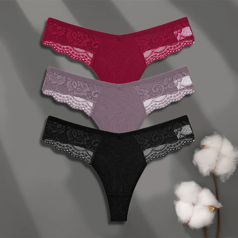 LaceLuxe – 3PCS Women's Cotton Lace Thong Set