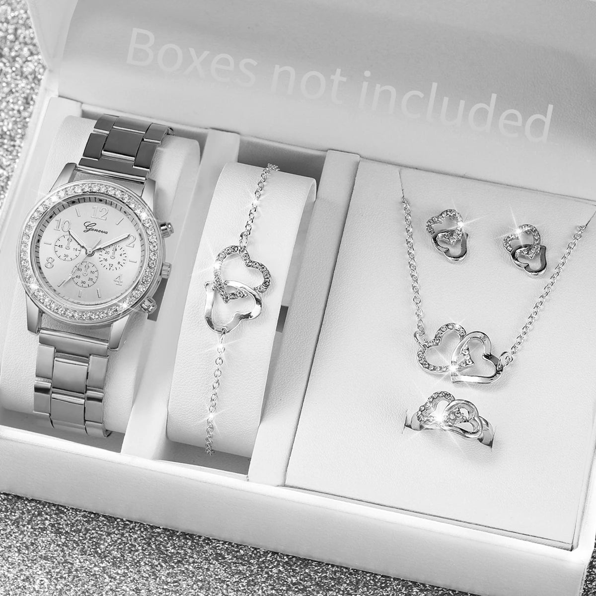 6PCS Women's Rhinestone Watch & Jewelry Set – Stainless Steel Quartz Elegance
