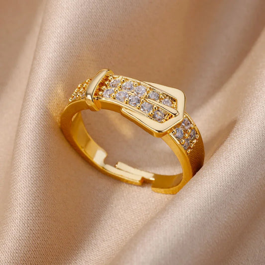 Chic Gold Buckle Adjustable Ring with Sparkling Zircon – Trendy Women’s Jewelry