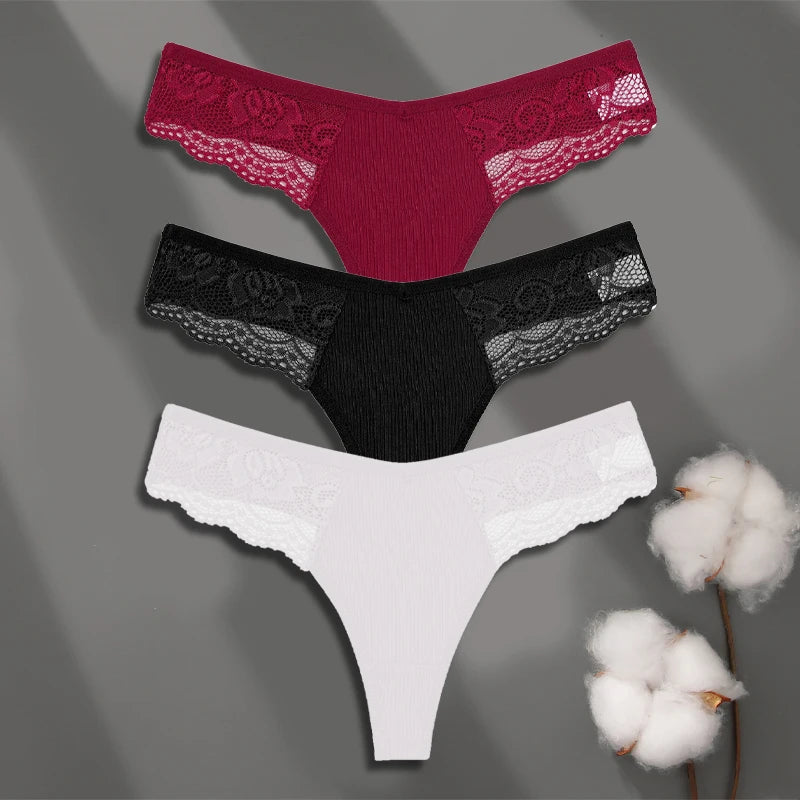 LaceLuxe – 3PCS Women's Cotton Lace Thong Set