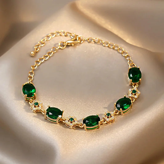 Luxury Green Rhinestone Link Bracelet – Vintage Gold Chain for Women