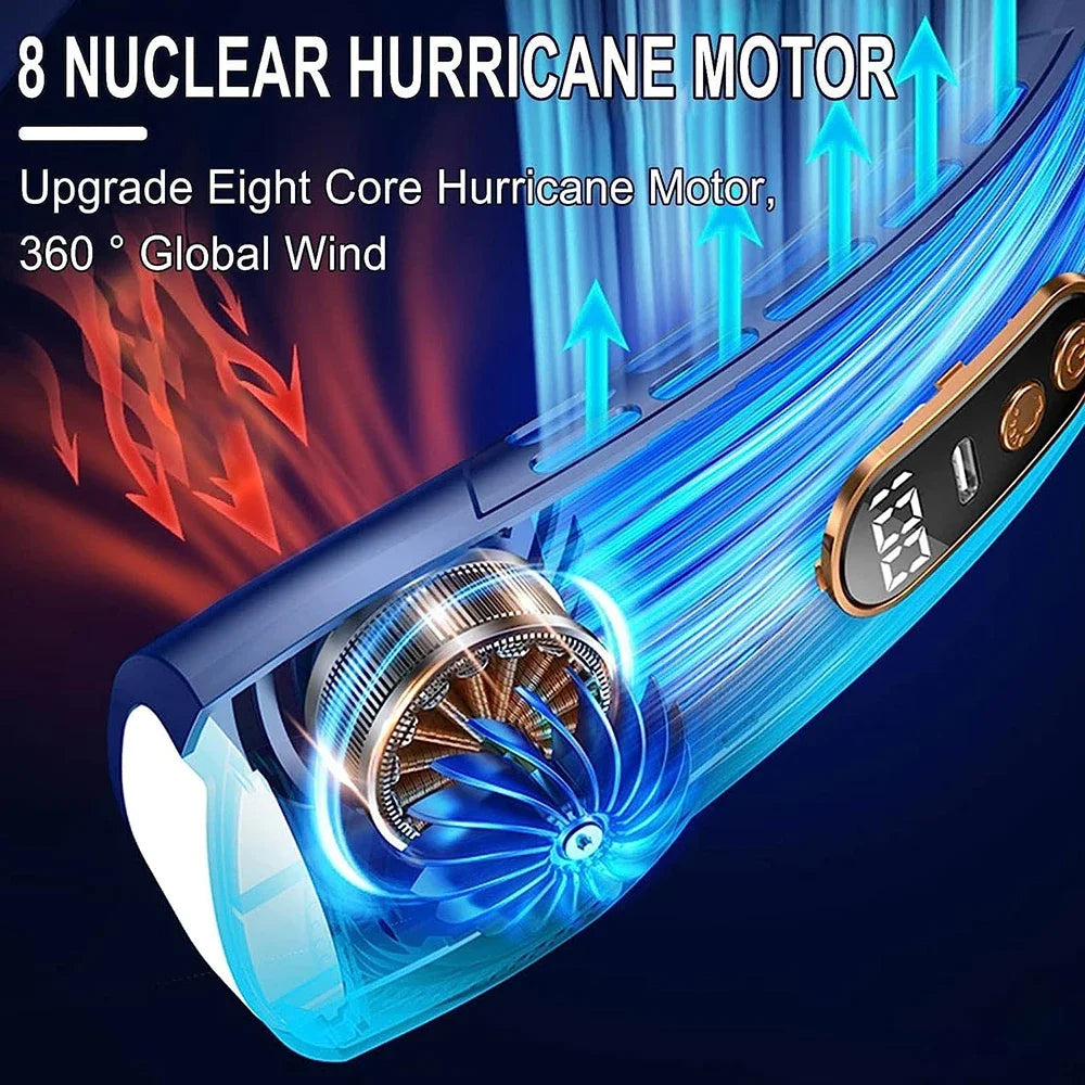 Bladeless Neck Fan – USB Rechargeable Silent Fan with 5 Speeds & Digital Display