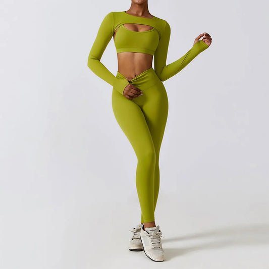 3-Piece Seamless Women's Yoga Set – Long Sleeve Crop Top, Fitness Bra & Leggings