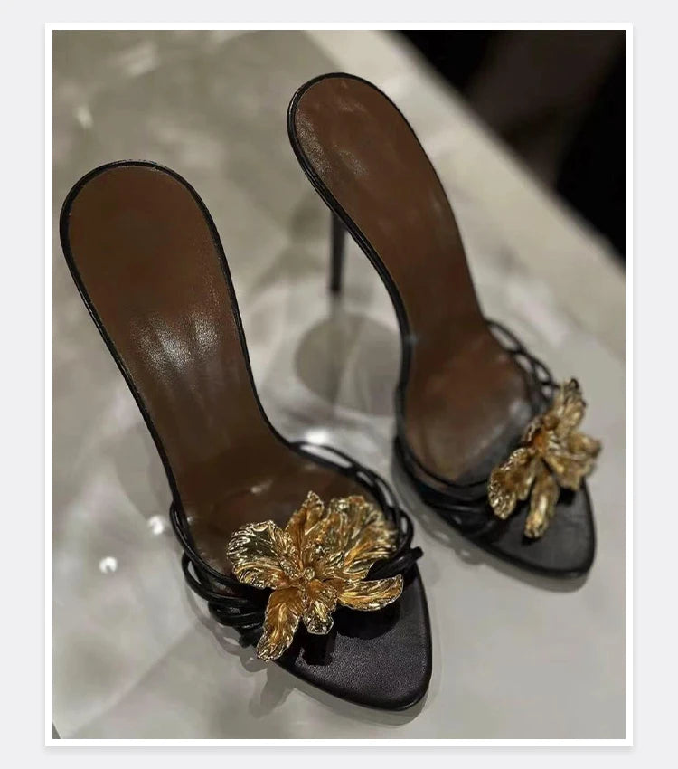 FloraStiletto 2025 – Metal Flower Thin Strap Sandals