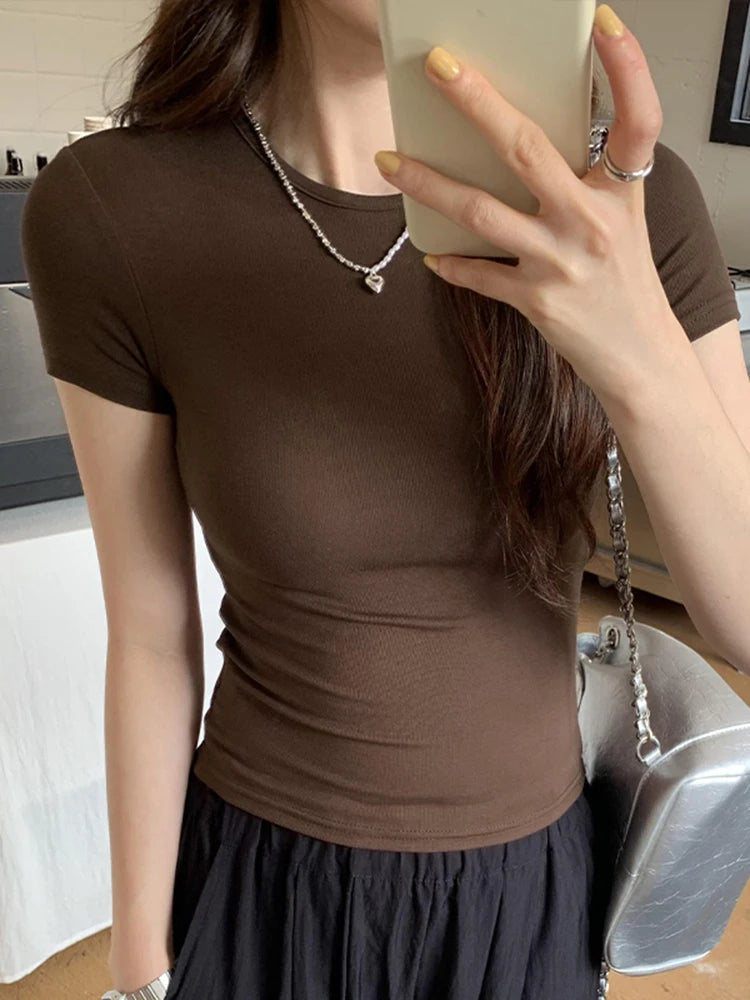Basic Solid Crop Top – Short Sleeve Crewneck Y2K Tee for Women