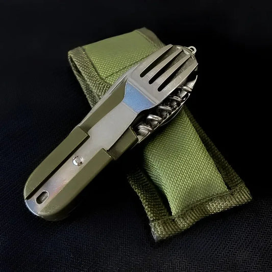 7-in-1 Multifunctional Camping Utensil – Foldable Stainless Steel Cutlery Set