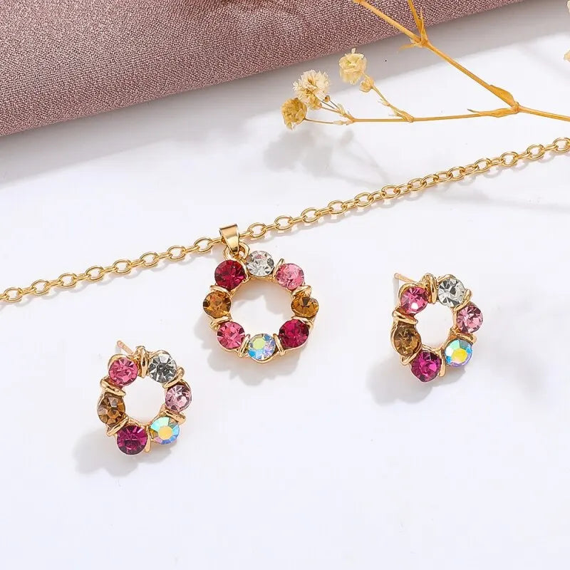 Gold Circle Diamond Jewelry Set – 3PCS Elegant Necklace & Earrings for Women