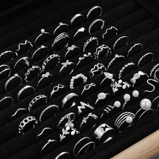 64-Piece Silver Geometric Knuckle Rings Set – Women’s Boho Charm Rings