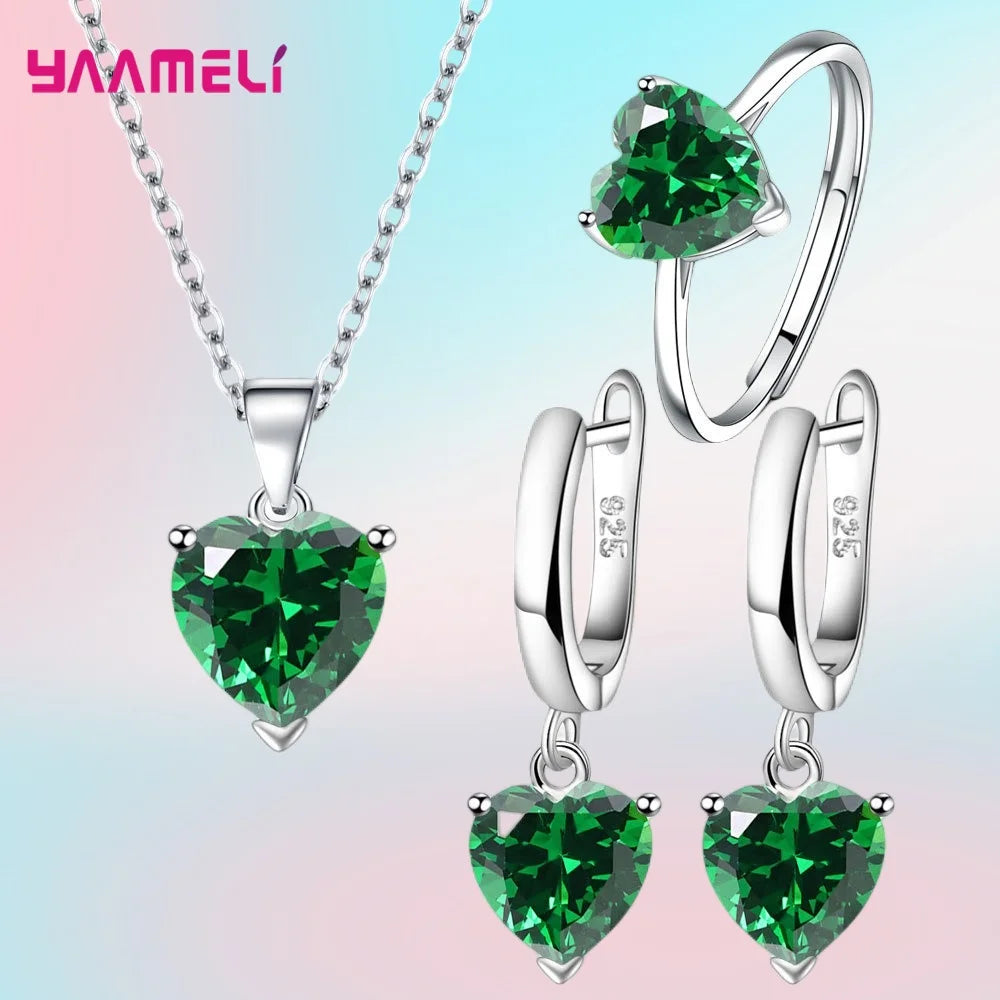 Sterling Silver 925 Heart Jewelry Gift Set – Necklace, Earrings & Ring with Zircon
