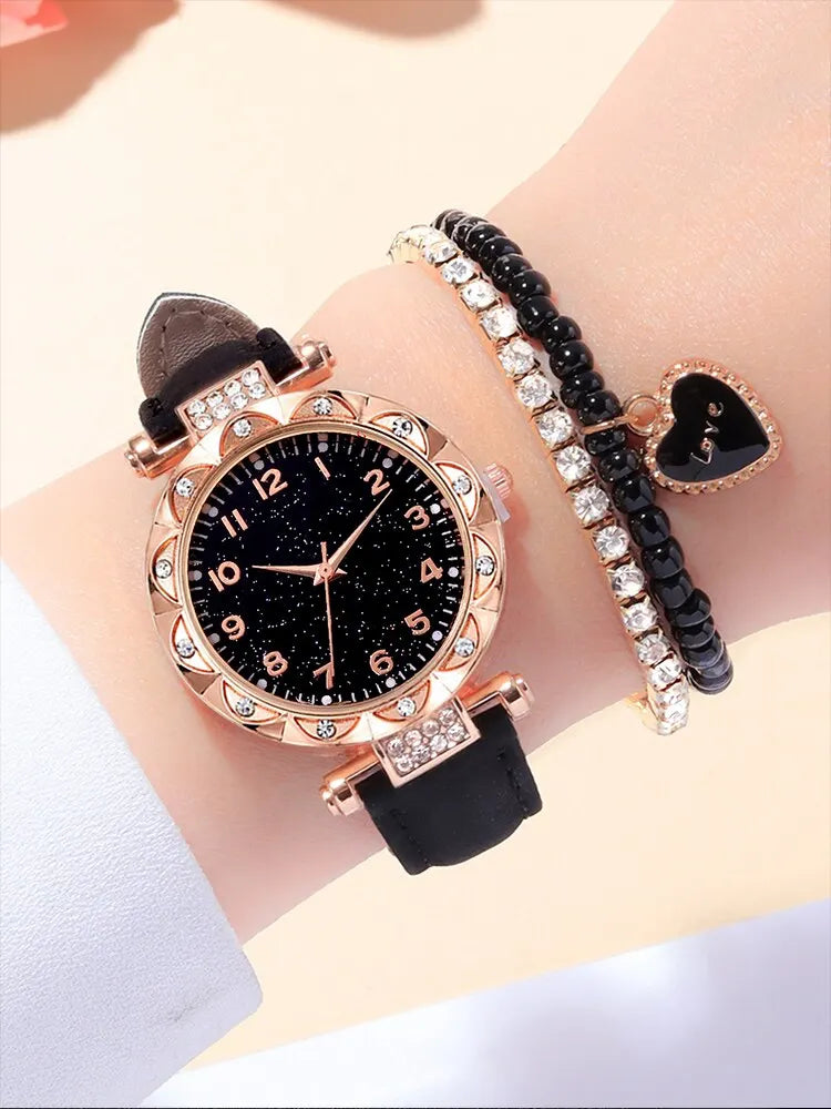 Starry Sky Diamond Watch & Bracelet Set – 3PCs Women's Quartz Gift Set