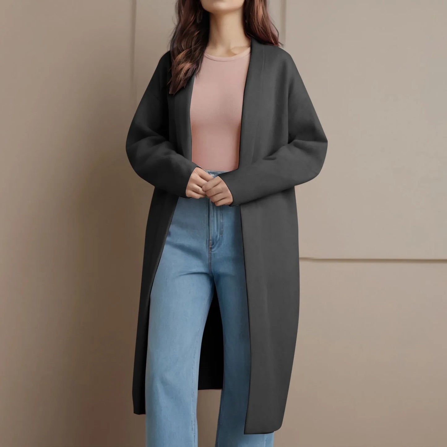 Long Knitted Cardigan for Women – Open Front V-Neck Winter Coat