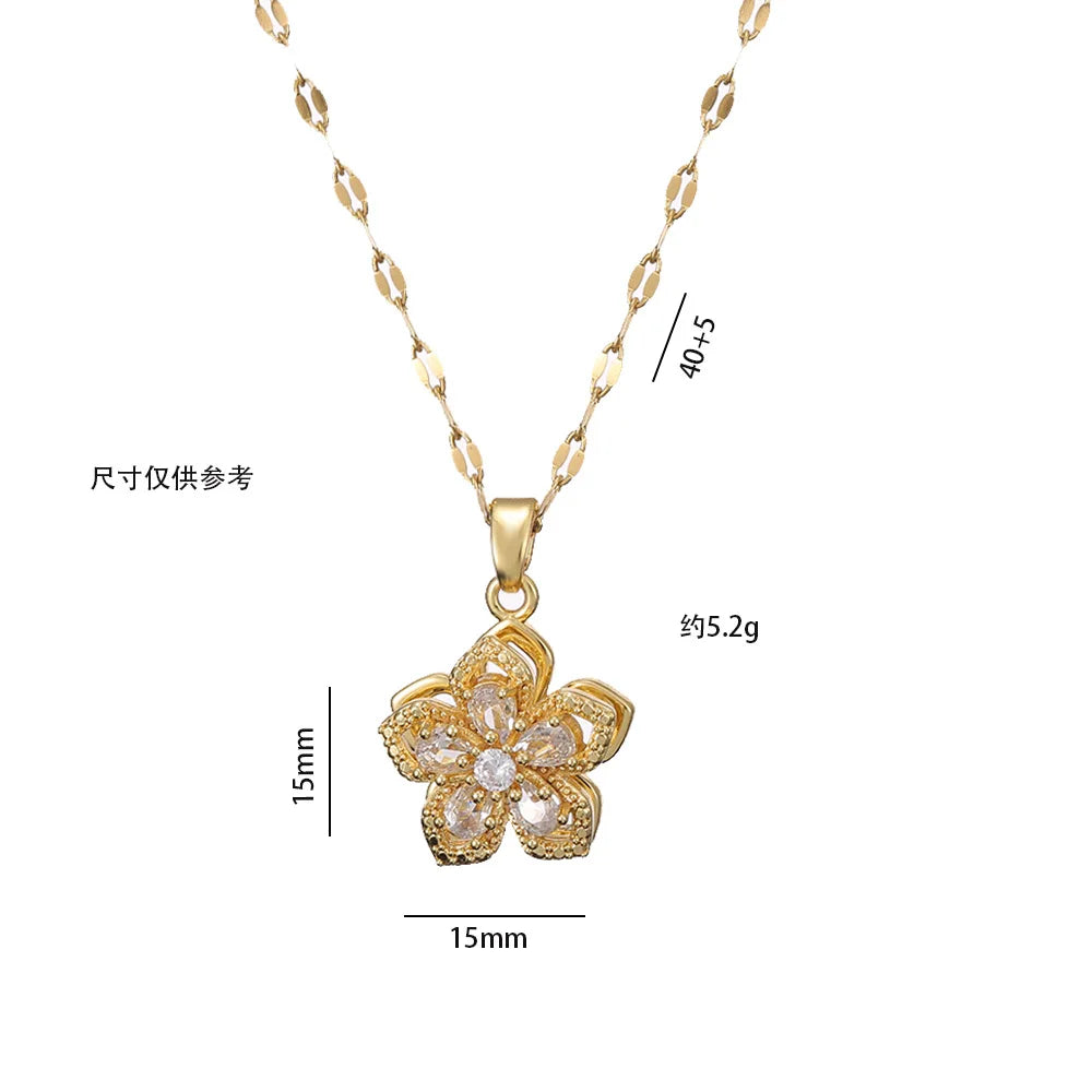 Spin Zircon Flower Pendant Necklace – Elegant Gold-Tone Statement Jewelry for Women