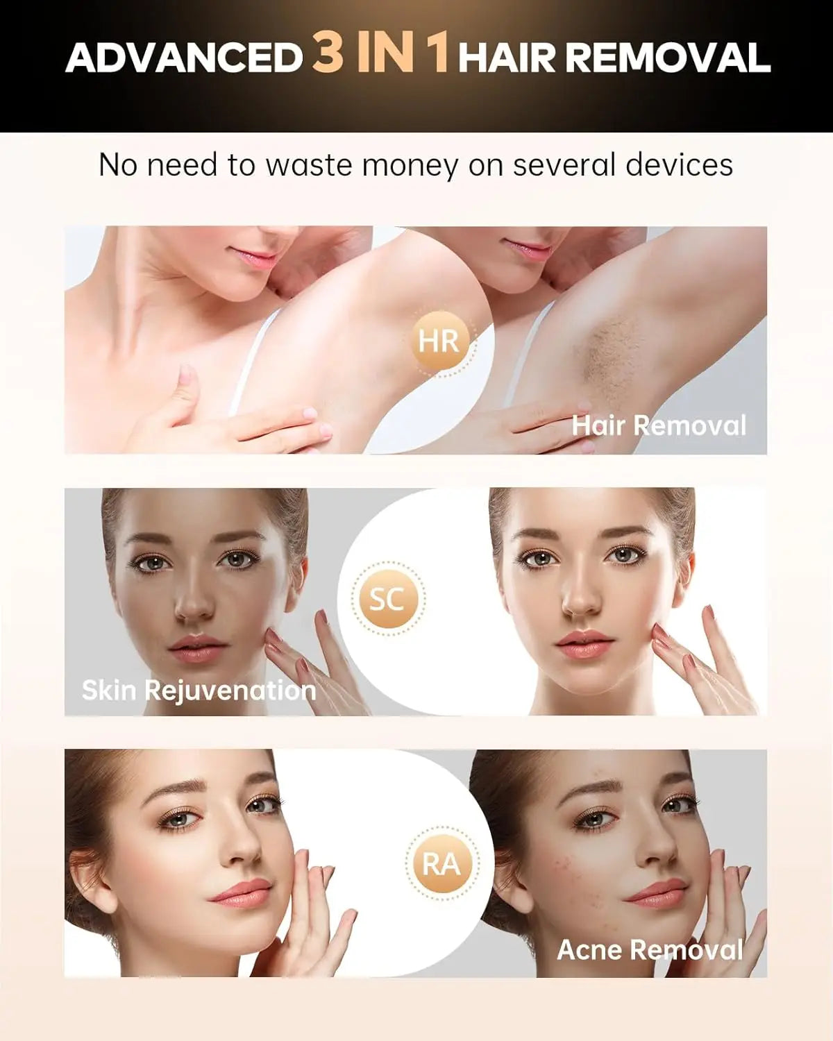 3-in-1 IPL Laser Hair Removal Device with Cooling – 999,900+ Flashes for Body & Armpits